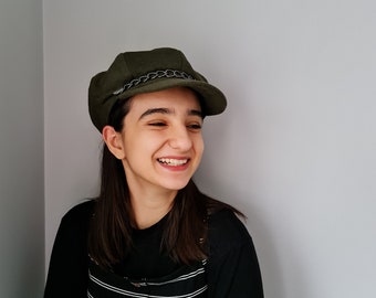 Wool Blend Newsboy Cap: Lined Baker Boy Hat with Chain Detail