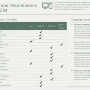 Peut inclure: Une liste de contrôle pour la maintenance informatique avec un schéma de couleurs vert et blanc. La liste de contrôle comprend des tâches telles que l'exécution d'un logiciel antivirus, la mise à jour des pilotes et la sauvegarde des données. La liste de contrôle comprend également des rappels continus tels que l'arrêt de votre ordinateur pour le refroidir et le maintien de votre espace de travail propre.