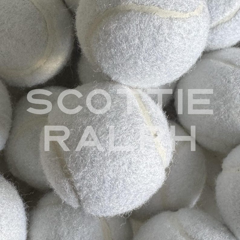 May include: A collection of white tennis balls with a fuzzy texture and white seams. The text SCOTTIE RALPH is overlaid in white capital letters across the centre of the image, partially obscuring the tennis balls in the foreground.