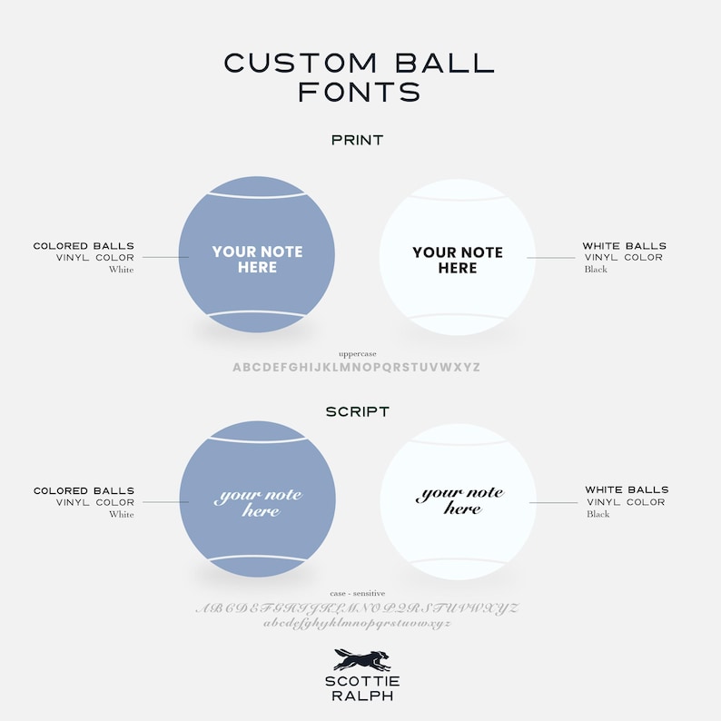 May include: A display of custom ball fonts featuring print and script styles on blue and white balls. The text reads CUSTOM BALL FONTS, PRINT, SCRIPT, YOUR NOTE HERE, and includes alphabet examples. Labels indicate vinyl colour options in white or black.