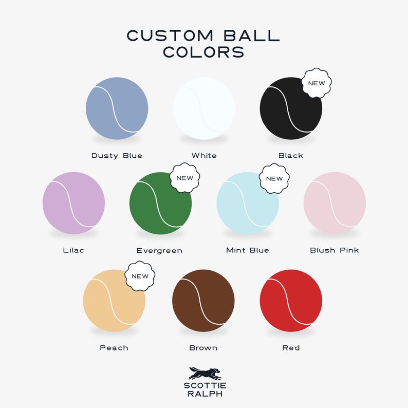 May include: A colour chart titled CUSTOM BALL COLORS displaying eleven tennis balls in various shades: dusty blue, white, black, lilac, evergreen, mint blue, blush pink, peach, brown, and red. Some balls feature a NEW label. The logo SCOTTIE RALPH is at the bottom.