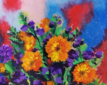 Orange and purple flowers, painting, calendula