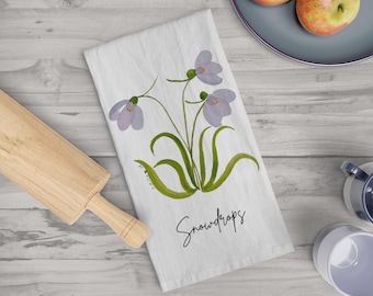 White Snowdrops Tea Towel | Hand-Drawn Spring Floral Kitchen Linen
