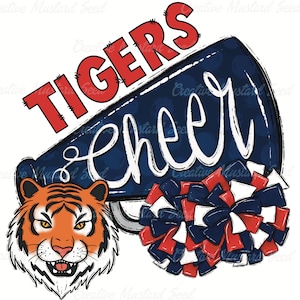 Tigers Cheer Red Navy Mascot PNG- Sports Digital File, Sublimation, DTF, Cheerleading, School Spirit, Pom Poms