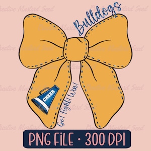 Bulldogs Cheer Mascot Coquette Bow PNG- Archivo digital deportivo, brillo falso, porristas, DTF, pompones, megáfono, camisa de espíritu escolar