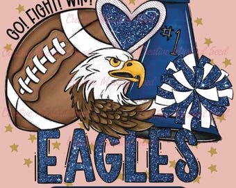Eagles Football Cheer Mascot Glitter PNG- Sports Digital File, Cheerleading, DTF, School Spirit, Pom Poms, Team, Megaphone, Doodle Letters