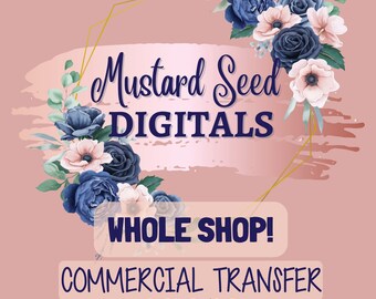May include: A pink background with a gold geometric frame and blue and white flowers. The text "Mustard Seed DIGITALS WHOLE SHOP! COMMERCIAL TRANSFER LICENSE" is in the center of the image.