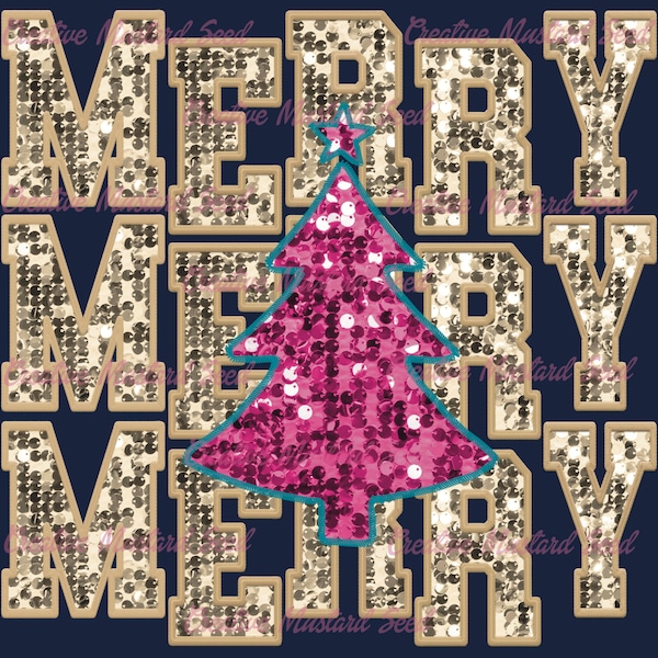 Merry Repeat Faux Sequin Embroidered Christmas PNG- Christmas Tree, Christmas Shirt, DTF, Faux Embroidery, Stitch, Matching Christmas, Pink