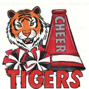 Tigers Cheer 1 Mascot Red Grey PNG- Sports Digital File, Sublimation, DTF, Cheerleading, School Spirit, Pom Poms