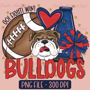 Bulldogs Football Cheer Mascot PNG- Archivo digital deportivo, porristas, DTF, espíritu escolar, pompones, equipo, megáfono, letras doodle, camisa