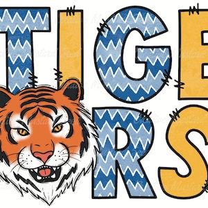 Tijgers blauw en goud Doodle mascotte PNG-sport digitaal bestand, sublimatie, DTF