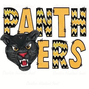 Panthers Black and Gold Doodle Mascot PNG- Sports Digital File, Sublimation, DTF