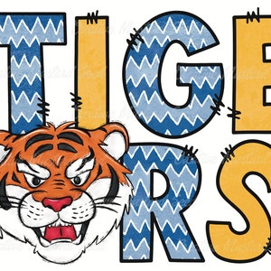 Tijgers blauw en goud Doodle mascotte PNG-sport digitaal bestand, sublimatie, DTF