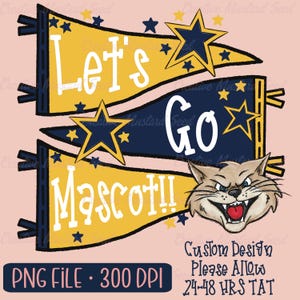 Könnte beinhalten: Ein digitales Design mit drei Wimpelfahnen in Gelb und Marineblau, die die Worte "Let's Go Mascot!!" in Weiß zeigen. Rechts ist ein Cartoon-Wildkatzen-Maskottchen. Das Design enthält Sterne und den Text "PNG FILE • 300 DPI".