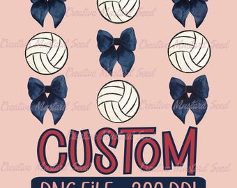 Könnte beinhalten: Eine digitale Grafik mit einem sich wiederholenden Muster aus marineblauen Aquarellschleifen und weißen Volleybällen in einem Raster. Unter dem Muster steht das Wort CUSTOM in fetten roten Buchstaben mit marineblauen Umrandungen.