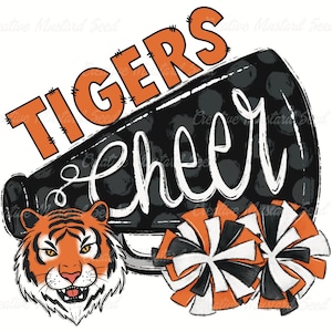 Tigers Cheer 2 Black Orange Mascot PNG- Sports Digital File, Sublimation, DTF, Cheerleading, School Spirit, Pom Poms