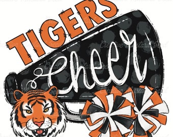 Tigers Cheer 2 Black Orange Mascot PNG- Sports Digital File, Sublimation, DTF, Cheerleading, School Spirit, Pom Poms