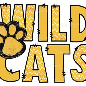 Wildcats Black and Gold Doodle Mascot PNG- Sports Digital File, Sublimation, DTF