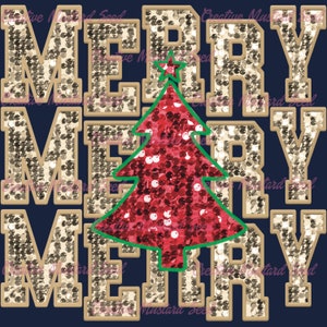 May include: A navy blue background with three gold glitter letters spelling "Merry" stacked on top of each other. A red glitter Christmas tree with a gold star on top is in the center of the image.