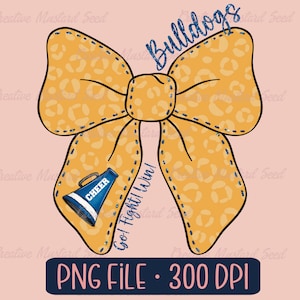 Bulldogs Cheer Mascot Coquette Leopard Bow PNG- Archivo digital deportivo, Brillo falso, Porristas, DTF, Pompones, Megáfono, Camisa espiritual