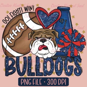 Mascota de porristas de fútbol americano Bulldogs con purpurina PNG - Archivo digital deportivo, porristas, DTF, espíritu escolar, pompones, equipo, megáfono, letras de garabato