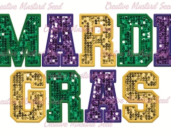 Mardi Gras Faux Sequin Embroidered PNG- Mardi Gras Shirt, Mardi Gras Digital, DTF, Faux Embroidery, Stitch, Matching, Glitter