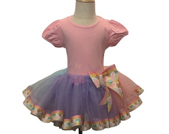 Unicorn Ribbon Trimmed TuTu Outfit; Ribbon Trimmed TuTu; Unicorn Shirt; Birthday Girl Outfit; Unicorn Ribbon TuTu Anklets