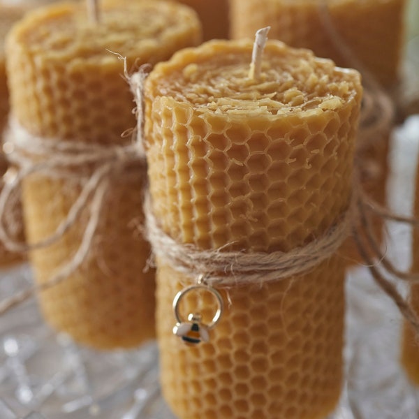 BEESWAX PILLAR CANDLE honeycomb rolled look.