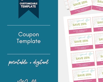 Modello di coupon stampabile modificabile, modello di coupon Canva, coupon stampabili, coupon personalizzabili, modello di coupon, colori vivaci
