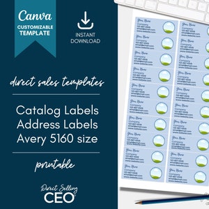 Customizable Catalog Label, Editable Address Label Canva Template, Avery 5160 Address Label Template, Direct Sales Catalog Label, Blue