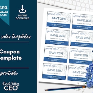 Direct Sales Editable Printable Coupon Template, Canva Coupon Template, Printable Coupons, Customizable Coupons, Coupon Template, Blue