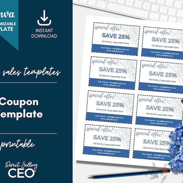 Direct Sales Editable Printable Coupon Template, Canva Coupon Template, Printable Coupons, Customizable Coupons, Coupon Template, Blue