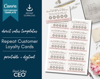 Modello di carta fedeltà per acquisto ripetuto di vendite dirette, carta fedeltà modificabile, carta perforata per acquisto ripetuto stampabile, carta perforata Canva, neutrale