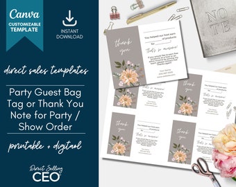 Direct Sales Party Guest Order Tag Thank You Card Template, Editable Thank you Card, Direct Sales Party Templates, Social Sellers, Neutral