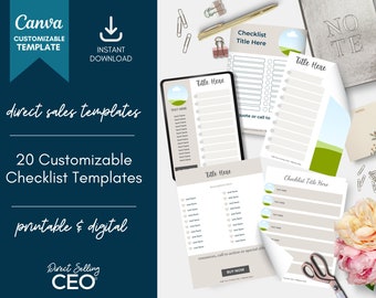 May include: A collection of 20 customizable checklist templates for direct sales. The templates are printable and digital, and feature a green and white color scheme with a nature-inspired design. The text "Direct Selling CEO" is also visible.