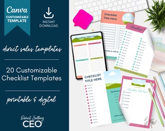 May include: A collection of 20 customizable checklist templates for direct sales. The templates are printable and digital, and feature a variety of colors and designs. The text "Checklist Title Here" appears on several of the templates.