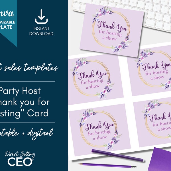 Direct Sales Host Thank You Card Editable, Customizable Thank You Card, Party Thank You Card Canva Template, Facebook Party, Purple