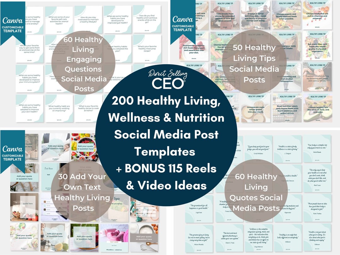 200 Healthy Living Wellness Social Media Posts, Health Canva Templates ...