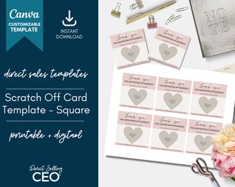 Modello di biglietto da grattare quadrato per vendite dirette, biglietto da grattare modificabile stampabile, modello Canva per biglietto da grattare, venditori sociali, neutro