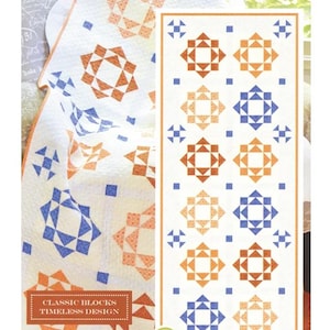 May include: Quilt pattern featuring a repeating design of orange, blue, and white geometric shapes. The pattern is called "August Blooms" and is described as "Classic Blocks, Timeless Design". The pattern is from Fig Tree & Co.