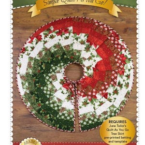 May include: A red, green, and white Christmas tree skirt with a Bargello pattern. The skirt is made with a quilt as you go technique. The text "Bargello Christmas Tree Skirt" and "Simple Quilt As You Go!" is on the image. The text "REQUIRES June Tailor's Quilt As You Go Tree Skirt pre-printed batting and template" is on the image. The text "ShabbyFabrics.com" is on the image.