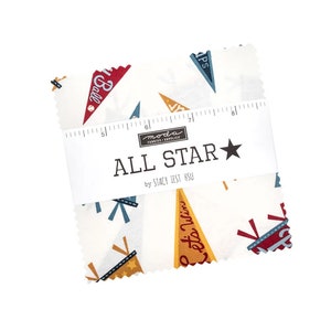 May include: A white fabric square with a repeating pattern of colorful pennants and baseballs. The fabric is labeled "ALL STAR" by Stacy Iest Hsu.