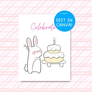 Modèle numérique modifiable de toile de carte d'anniversaire de lapin, modèle de toile, carte d'anniversaire de lapin mignon, carte de toile, carte d'anniversaire numérique, lapin mignon