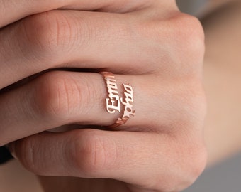 Double Name Ring in 925 Sterling Silver, Two Name Ring, Gold and Rose Gold Couple Name Ring, Personalized Gift For Her, Friendship Name Ring