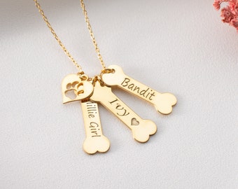 Personalized Dog Bone and Paw Necklace, Sterling Silver Dog Bone and Paw Charm, Custom Gold Pet Memorial Necklace, Pet Lowers Gift