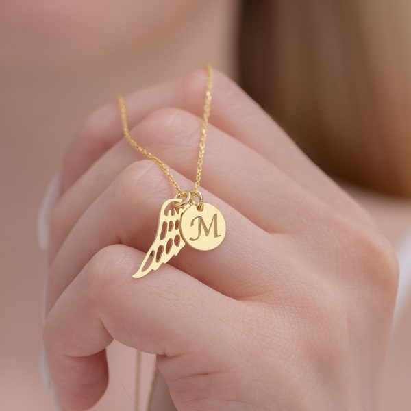 Personalized Letter Necklace With Wing Charm, Sterling Silver Memorial Jewelry, Custom Gold Initial Disc Necklace, Angel Wing Necklace,