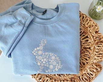 Embroidered Bunny Sweatshirt: Custom Easter Crewneck, Unisex Spring Shirt