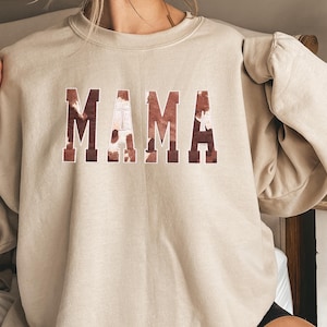 Embroidered Mama Sweatshirt, Cowhide Sweatshirt, Cow Print Gift For Mom, Embroidered Crewneck, Mothers Day Gift, Mama Gift