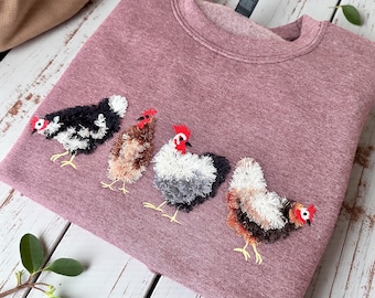 Embroidered Chicken Flock Sweatshirt, Fluffy Fringe Style Crewneck