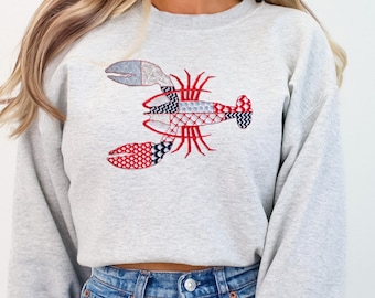 Embroidered Lobster Sweatshirt: Patchwork Nautical Crewneck